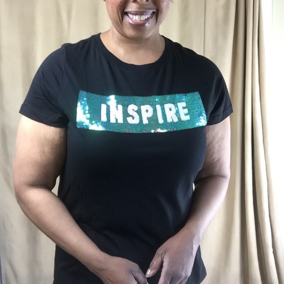 Forever 21+ Crew Neck T-Shirt w/ sequin "Inspire", Black, XL - Picture 1 of 8